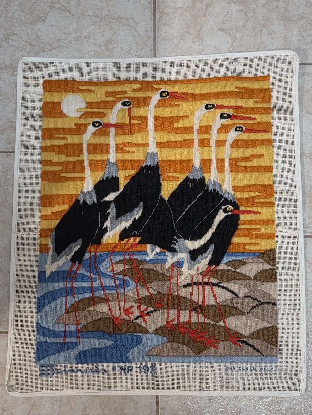 Vintage Sunset Crane Needlepoint Canvas | Unfinished Embroidery Tapestry